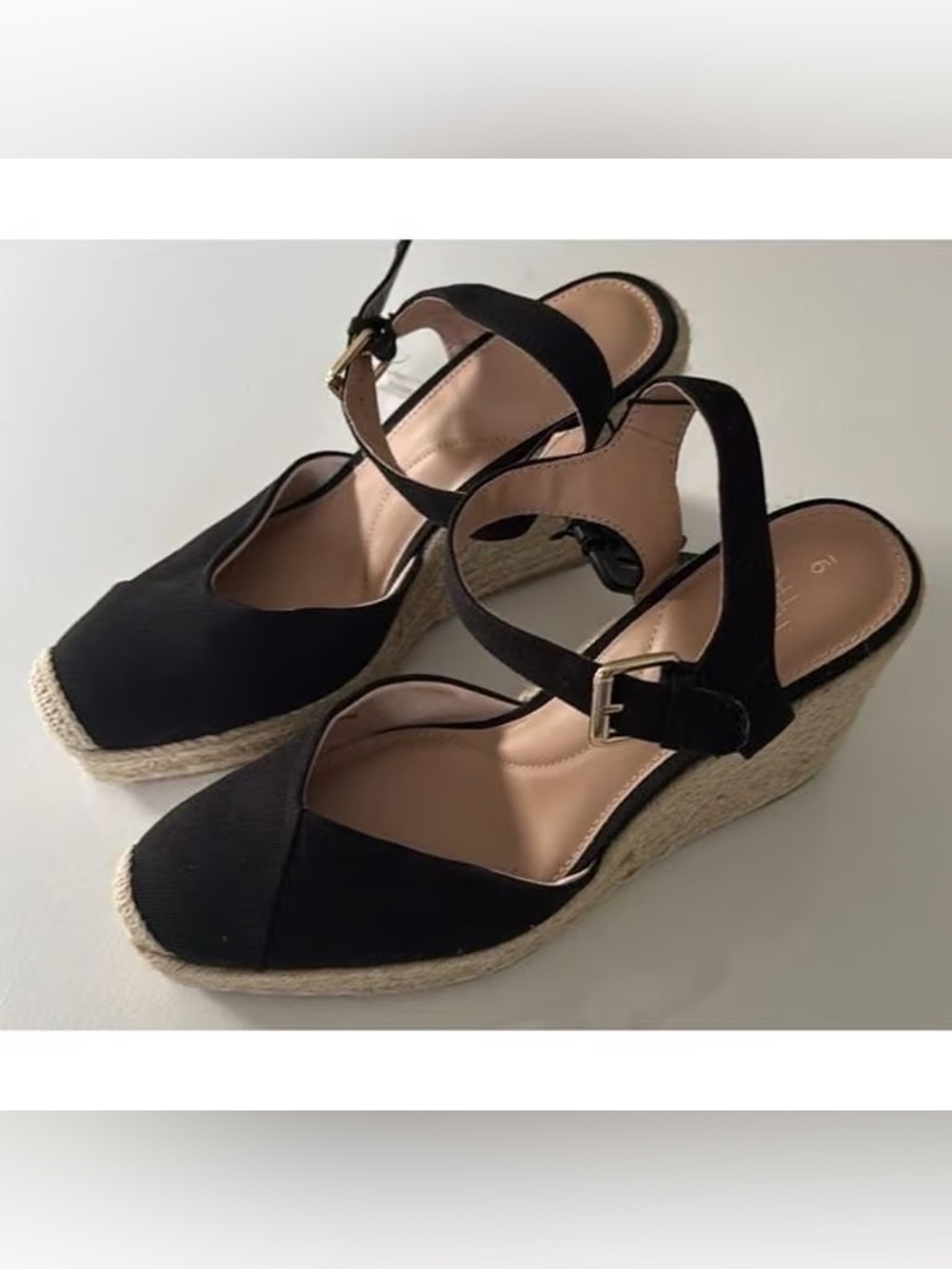 Time and Tru Black Espadrille Wedge Sandals with Ankle Strap